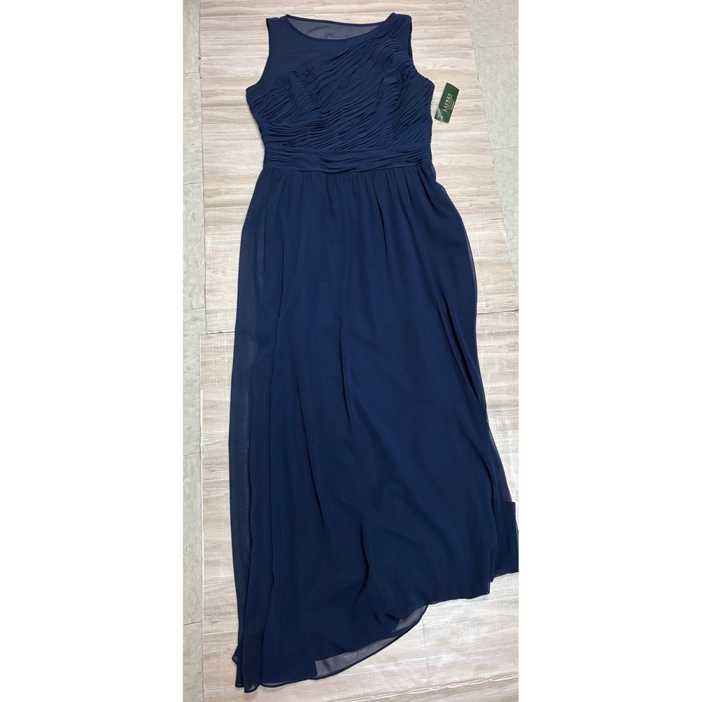 Lauren Ralph Lauren Navy Blue Ruched Georgette Gown Illusion Neck Maxi Dress